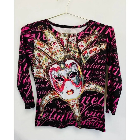 Las Vegas Venetian Women’s Size Medium Mardis Gras Mask Shirt Black Pink - Picture 1 of 10